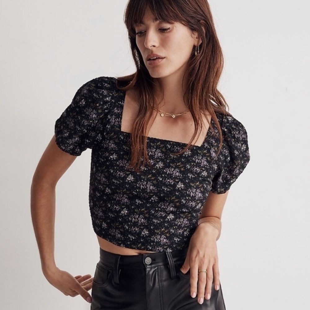 Madewell Puff Sleeve Smocked Crop Top Blurred Ikat Size L
